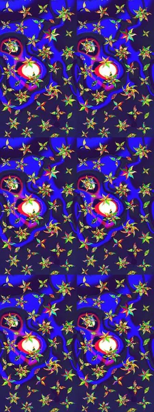 Mor ve mavi üzerine mor ve mavi. Retro tekstil tasarım koleksiyonu. 1950-1960 motifleri. El çizimi çiçek unsurları olan soyut çizim raster deseni. Çiçekli ipek eşarp..