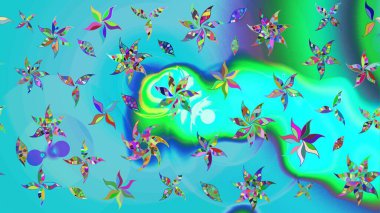 Mavi ve yeşil renkli Asya tekstili. Raster illüstrasyonu. Suluboya çiçekli çiçek deseni.