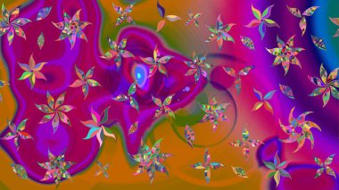 Üzerinde gelincikler ve vadi zambakları olan renkli çiçek desenli nakış deseni. Tekstil tasarımı için mor ve turuncu renkli geleneksel halk çiçekleri buketi.