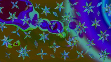 El çizimi çiçek unsurları olan soyut çizim raster deseni. Kahverengi ve mavi üzerine kahverengi ve mavi. Çiçekli ipek eşarp. Retro tekstil tasarım koleksiyonu. 1950 'ler-1960' lar motifleri.