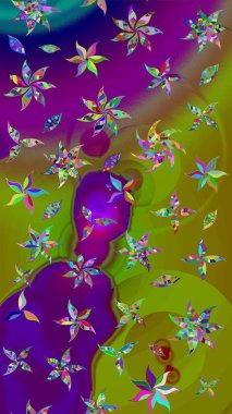 Elle boyanmış suluboya resim çizimleri, çiçekler ve bitkiler. Yeşil ve mor renkte çiçekler.