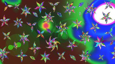 Düz Çiçek Elementleri Tasarımı. Renkli Bahar Teması eskiz kalıbı. Asya tekstil tarzında. Çiçek desenli çizim. Yeşil ve mavi renkte çiçekler. Raster illüstrasyonu.