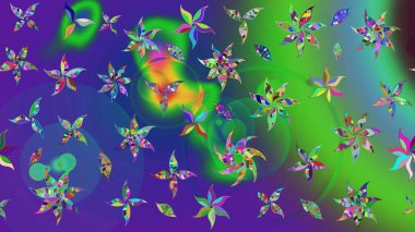 Renkli Yaz Temalı eskiz kalıbı. Raster illüstrasyonundaki çiçek desenli çizim. Düz Çiçek Elementleri Tasarımı. Yeşil ve mavi renkte çiçekler.