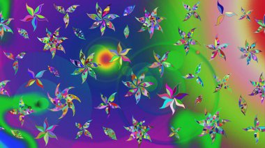 Yeşil ve mavi renkli bitkilerden oluşan parlak çiçekli çizim deseni.