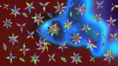 Çiçeksel elementlerle süslenmiş zarif raster dokusu. Parlak çiçekli kırmızı ve mavi renkler üzerine soyut çizim deseni. Küçük çiçekte şirin bir çiçek deseni var..