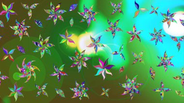 Eskiz arkaplan modeli. Yapraklı çiçekler ve rengarenk papatya çiçekleri. Raster - stok.