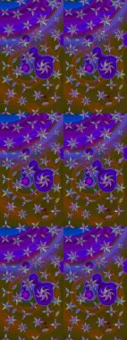 Kahverengi ve menekşe rengi, zarif küçük çiçekler ve kahverengi ve mor renkli komik böcekler, raster desen, illüstrasyon.