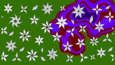 Raster deseni. Raster illüstrasyonu. Patlayan çiçekler soyut olarak yerleştirilmiş. Yumuşak, bahar çiçekleri yeşil ve mor renklerde.
