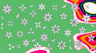 Raster illüstrasyonu. Düz Çiçek Elementleri Tasarımı. Yeşil renkli çiçekler. Asya tekstil tarzında. Renkli Bahar Teması eskiz kalıbı. Çiçek desenini çiz.