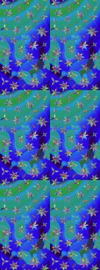 Raster illüstrasyonu. El yapımı çiçek ve bitki koleksiyonu. Raster illüstrasyonu. Şirin karalamalı çiçek desenli çizim. Robot resim tarzı mavi renkler.