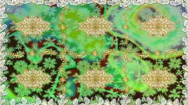 Yeşil renklerde altın yinelenen elementlerle soyut arkaplan. Kusursuz oryantal klasik altın desen.