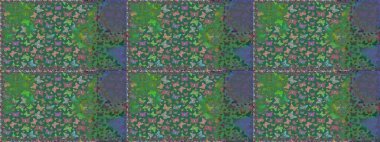 Moda sevimli kumaş tasarımı. Raster illüstrasyonu. Yeşil ve mavi arka planda güzel renkli kelebeklerin Raster vintage el çizimi.