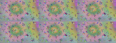 Renkli Bahar Teması eskiz kalıbı. Tarafsız ve yeşil renkli şirin çiçek desenleri. Düz Çiçek Elementleri Tasarımı. Raster Modaya uygun kumaş deseni.