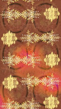 Kahverengi, turuncu ve sarı renkte etnik çiçeklerle süslenmiş zarif bir eskiz şekli. Raster Çiçek İllüstrasyon Şirin Tekstil.