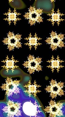 Siyah, sarı ve kahverengi kar taneleri. Kar tanelerinin soyut arkaplanı olan şirin bir Noel arkaplanı. Raster illüstrasyonu. Noel ve yeni yıl moda baskıları için tatil tasarımı. Renkler.