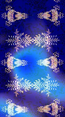 Raster illüstrasyonu. Mavi, mor ve nötr renklerde çiçekler. Çizim çiçek deseni duvar kağıdı için kullanılabilir.