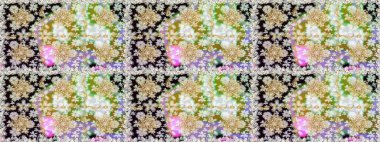 Hassas altın deseni açın. Doğu tarzı arabesk. Gri renklerde, altın elementlerle kusursuz desen. Raster. Kusursuz altın desenli bukleler. Parlak dantel, stilize çiçekler, şal desenli.