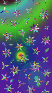 Raster illüstrasyonundaki çiçek desenli çizim. Suluboya tarzında yeşil ve mavi renkte çiçekler.