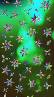 Yeşil ve gri renkli çiçekler. Çiçek deseni. Raster illüstrasyonu. Şatafatlı bahar bahçesi dokusu. Yeşil ve gri renkte çiçek çizimi.