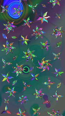 Raster illüstrasyonu. Mavi ve yeşil renkli çiçekler. Tropikal çizim çiçek deseni.