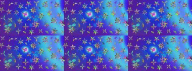 Elle boyanmış suluboya resim çizimleri, çiçekler ve bitkiler. Mavi ve mor renkte çiçekler.