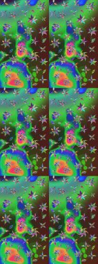 Tekstil için figür. Davetiye ve kartpostal tasarımı için dekoratif çiçek unsurları. Şirin, zarif çiçekler Raster illüstrasyonu. Yapraklı çizim şekli. Poster veya kapak için arkaplan.