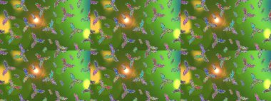 Noel ve yeni yıl moda baskıları için tatil tasarımı. Kar tanelerinin soyut arkaplanı olan şirin bir Noel arkaplanı. Yeşil, sarı ve mavi kar taneleri. Renkler. Raster illüstrasyonu.