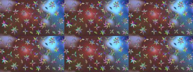 Kahverengi ve mavi renkte çiçeklerle çizilmiş çiçek deseni. Suluboya tarzında kahverengi ve mavi renkte çiçekler.