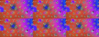 Üzerinde gelincikler ve vadi zambakları olan renkli çiçek desenli nakış deseni. Raster geleneksel çiçek buketi pembe ve turuncu renkli tekstil tasarımı için.