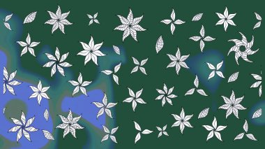 Raster illüstrasyonu. Yeşil ve mavi renklerde. 3D çiçekler, çizim.