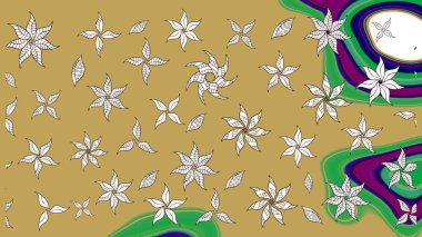 Sarı ve nötr renklerde etnik çiçekli zarif eskiz deseni. Raster Çiçek İllüstrasyon Şirin Tekstil.