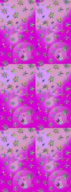 Küçük çiçekteki sevimli çiçek deseni. Varicolomagenta ve nötr raster çizimi. Birçok mor ve nötr soyut çiçekli tropikal çizim deseni.