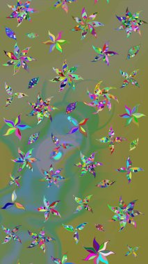 Yeşil ve kahverengi renkli çiçekler. Renkli Bahar Teması çizim kalıbı. Düz Çiçek Elementleri Tasarım Raster illüstrasyonu. Çiçekli çiçek deseni, suluboya..