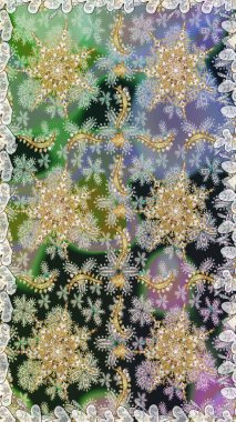 İslam tasarımı. Çiçek kiremitleri. Kusursuz desenli oryantal süs. Gri renkli ve altın elementli altın desenli. Raster altın tekstil baskısı.