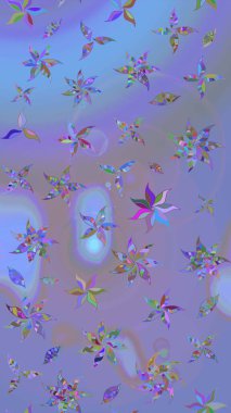 Raster deseni. Raster illüstrasyonu. Patlayan çiçekler soyut olarak yerleştirilmiş. Mor ve mavi renklerde bahar çiçekleri..