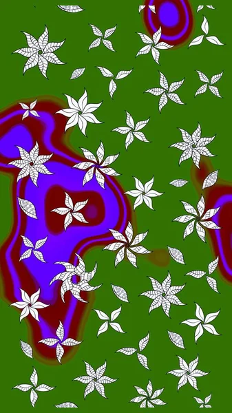 Yapraklı çiçekler ve yeşil renkli papatya çiçekleri. Raster - stok. Taslak arkaplan deseni.