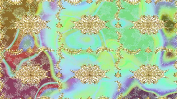 İslam tasarımı. Raster altın tekstil baskısı. Kusursuz desenli oryantal süs. Altın elementlerle nötr renklerde altın desen. Çiçek karoları.