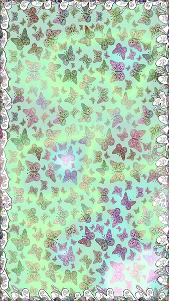 Doğadaki güzellik. Suluboya stilinde uçan kelebeklerin kusursuz deseni. Kumaş, Tekstil, Baskı ve Davetiye için arka plan. Raster illüstrasyonu. Tarafsız ve yeşil renkler üzerine resim.