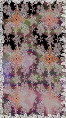 Retro tekstil tasarım koleksiyonu. Çiçekli ipek eşarp. 1950-1960 motifleri. Gri ve kahverengi üzerine gri ve kahverengi. El çizimi çiçek elementleriyle soyut, dikişsiz raster deseni..