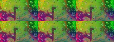 Raster illüstrasyonu. Yumuşak, bahar çiçekleri yeşil ve mor renklerde. Yaprak ve çiçeklerin suluboya resmi, yeşil ve mor renkler üzerine çizim şekli.