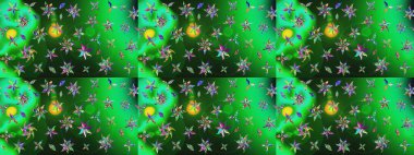 Raster Floral Illustration, Asyalı tekstil. Yeşil ve gri renkte etnik çiçeklerle süslenmiş zarif bir eskiz..