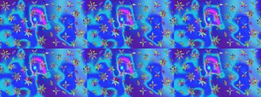 Şirin çiçekli eskiz deseni ve mavi ve mor renkli yapraklar, suluboya çiçek deseni, duvar kağıdı, kart ya da kumaş için fayanslı. Raster illüstrasyonu.