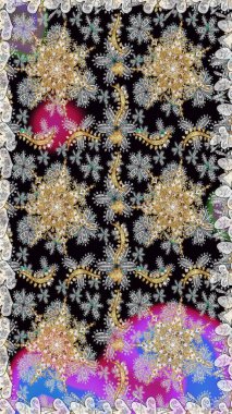 Altın şablon. Gri renkli Royal retro. Klasik çiçek dokusu. Kart, duvar kağıdı, ambalaj ve tekstil için klasik tasarım. Kusursuz desenli altın elementler. Raster illüstrasyonu.