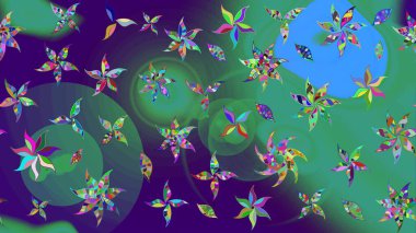 Raster illüstrasyonu. Raster deseni. Mavi ve yeşil renklerde. Küçük çiçekteki sevimli çiçek deseni. Soyut çiçek çizim kalıbı arkaplanı.