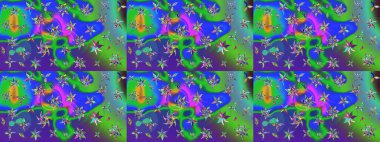 Çiçeksel çizim kalıbının yansıması. Vadinin çiçekleri yeşil ve mavi renklerde.