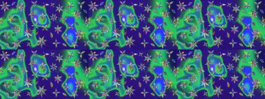 Raster illüstrasyonu. Çiçek desenli çizim. Mavi ve yeşil renkli Asyalı tekstil.