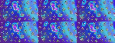 Suluboya çiçekli çiçek deseni. Raster illüstrasyonu. Mavi ve mor renkli Asya tekstili.