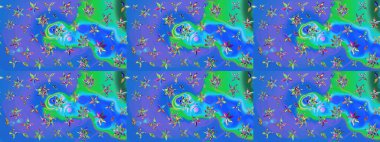 Raster illüstrasyonundaki çiçek desenli çizim. Suluboya tarzında mavi ve yeşil renkte çiçekler.