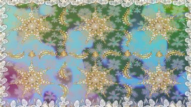 Şam, tasarım için kusursuz desen. Mavi renklerde altın elementli pürüzsüz desen.