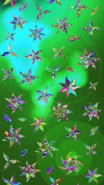 Renkli Bahar Teması eskiz kalıbı. Raster illüstrasyonundaki çiçek desenli çizim. Yeşil ve mavi renkte çiçekler. Düz Çiçek Elementleri Tasarımı.